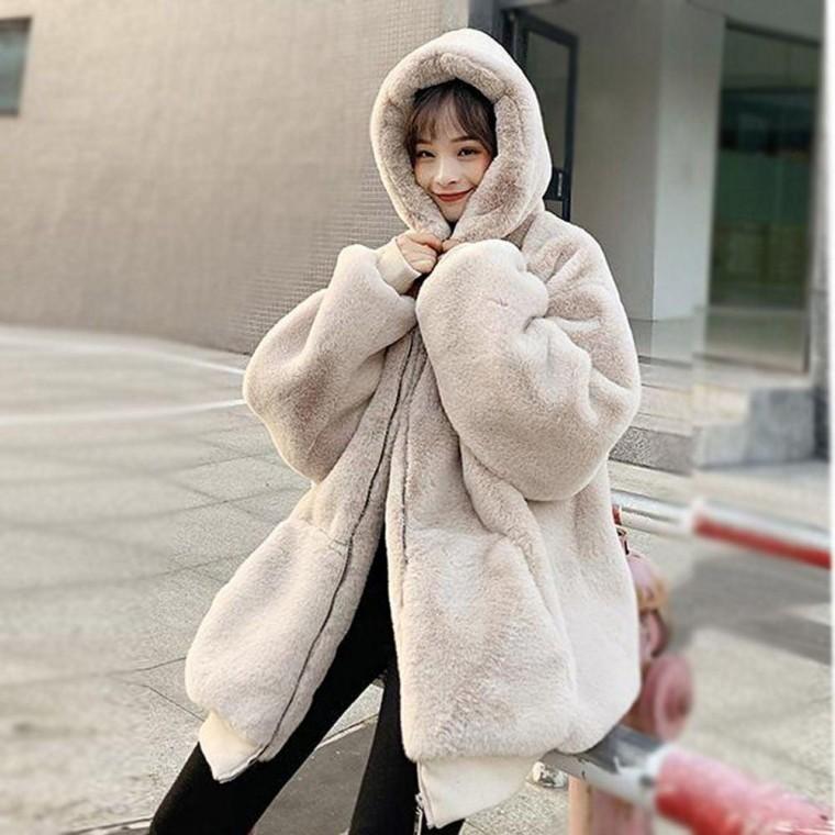 오버핏 페이크 핑크 퍼 예쁜 캐주얼 여성 후드 집업 아우터 겨울 점퍼 잠파 패딩 여성롱