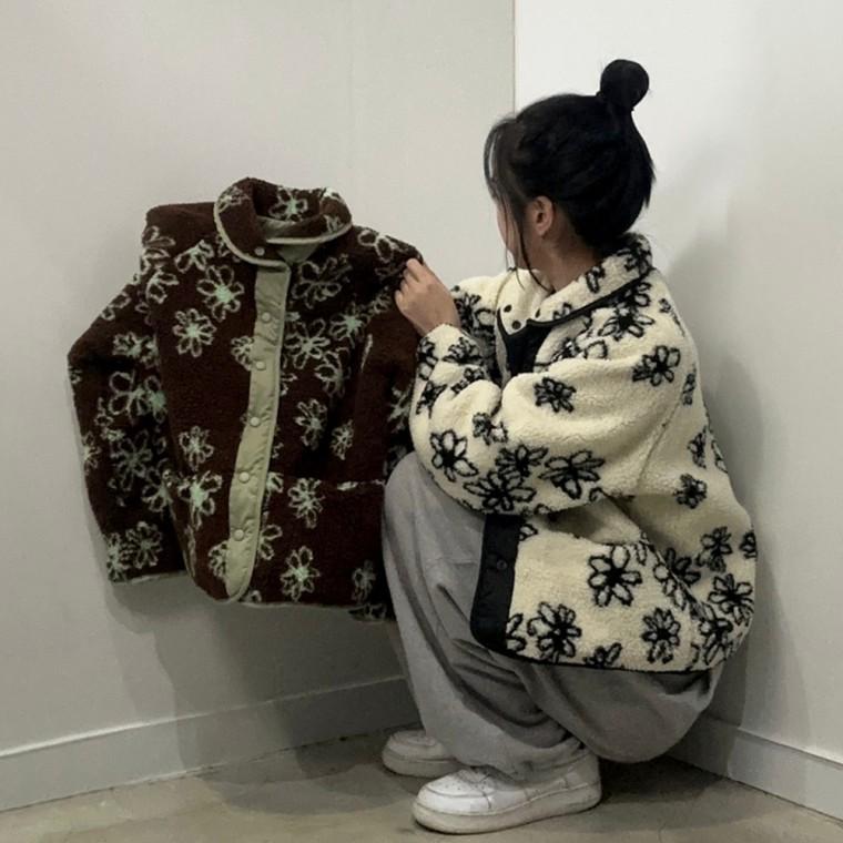 리버시블 플라워 양털 뽀글이 덤블 점퍼 자켓 후리스 양면 여성 꽃무늬 바람막이 잠바 여자 겨울 아우터