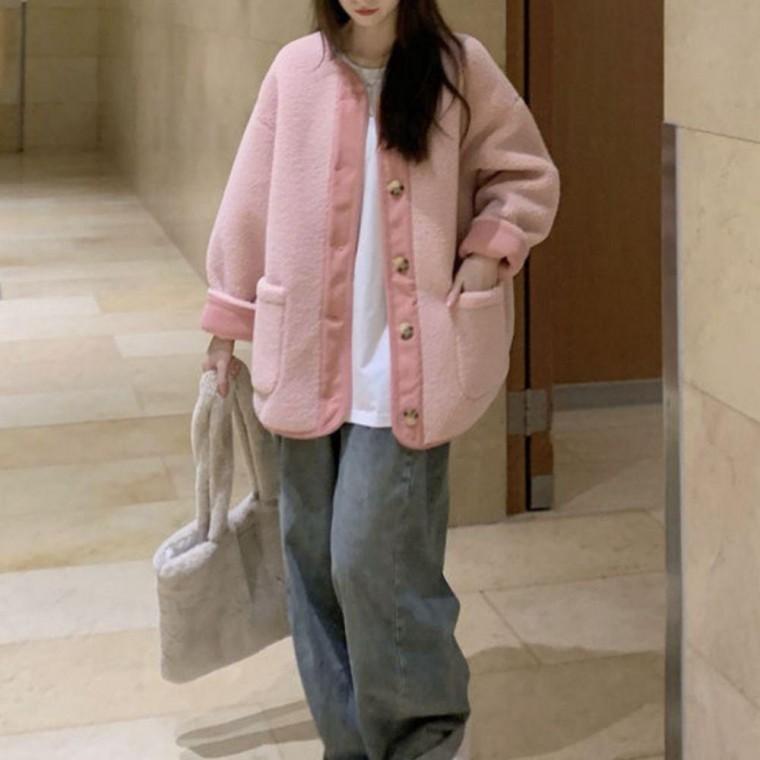 양털 배색 박시 뽀글이 후리스 점퍼 페미닌룩 데일리룩 데이트룩 캐주얼룩 여성 의류