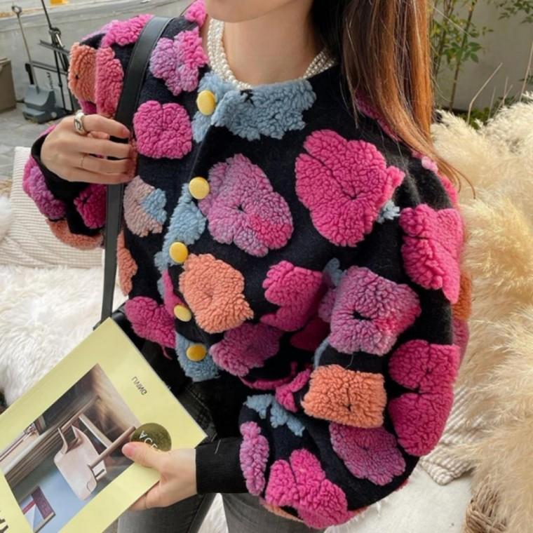 폼폼 플라워 뽀글이 점퍼 플라워점퍼 가디건 폼폼 숄카라패션 가디건