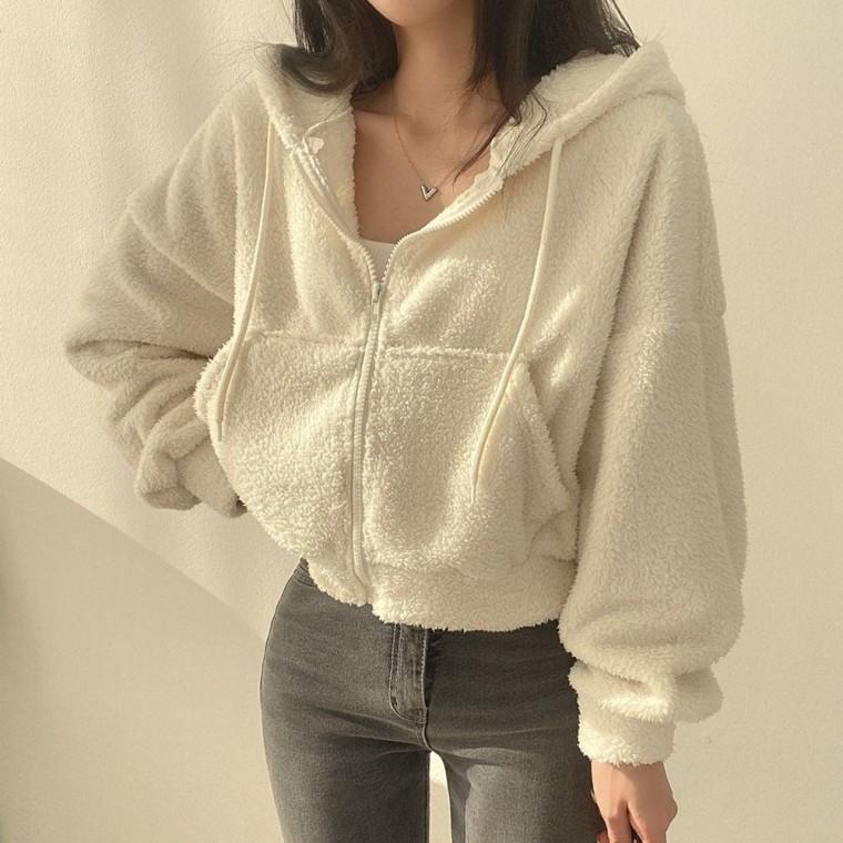 델라 피코 크롭 양털 후드 집업 점퍼 데일리 가벼운 겨울 양털집업
