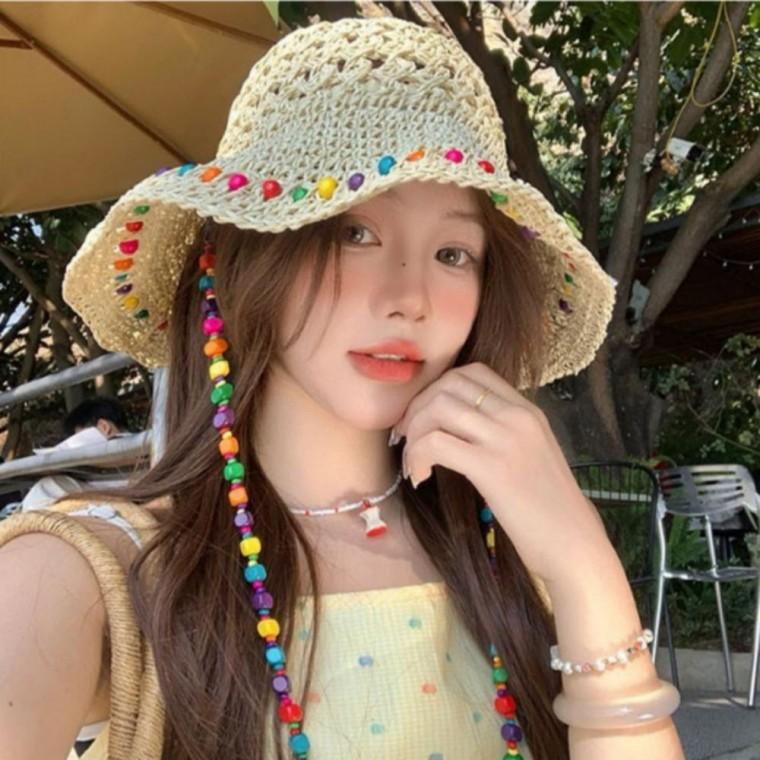 여성 자외선차단 레인보우 캔디 구슬 밀짚 모자 선캡