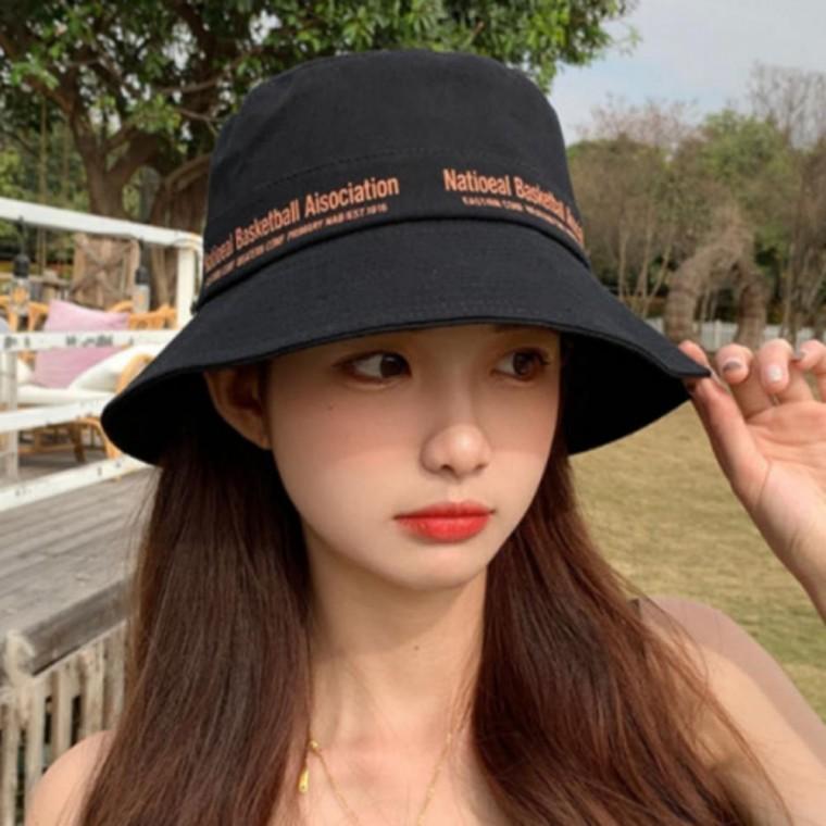 썬캡 여름 여성 와이드 미들 레터링 스트랩 벙거지 모자