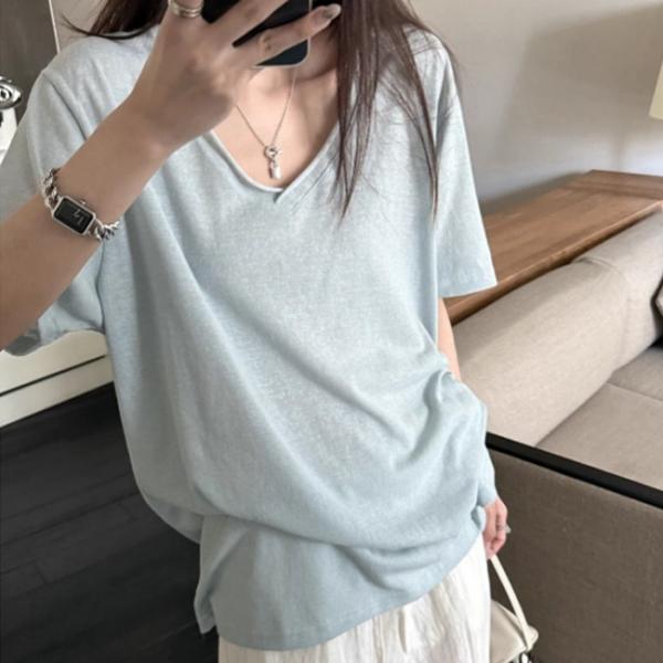 여성 데일리 루즈핏 브이넥 반팔 티셔츠 DHH-L49