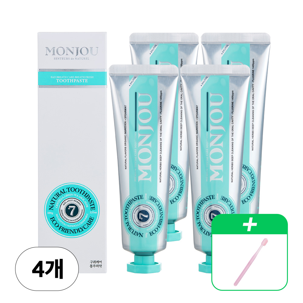 [몽주] 구취케어 브레스 프레쉬 치약 100g x 4개 + 부드러운 이중 미세모 칫솔 1개 (색상랜덤발송)