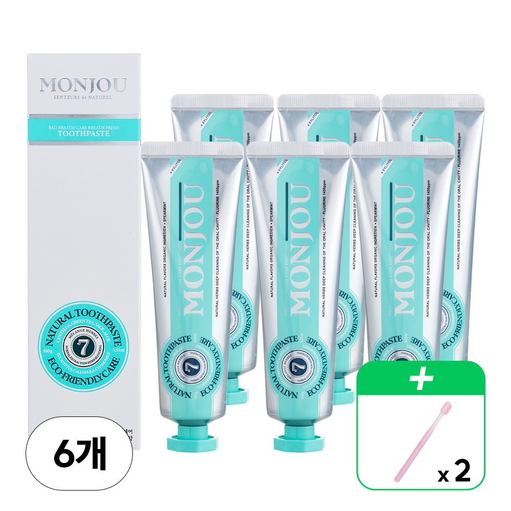 [몽주] 구취케어 브레스 프레쉬 치약 100g x 6개 + 부드러운 이중 미세모 칫솔 2개 (색상랜덤발송)