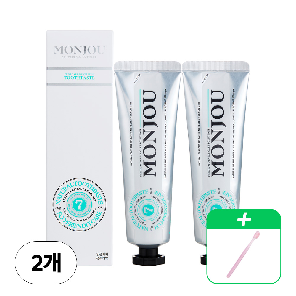 [몽주] 잇몸케어 덴티 플러스 치약 100g x 2개+부드러운 이중 미세모 칫솔 1개 (색상랜덤발송)