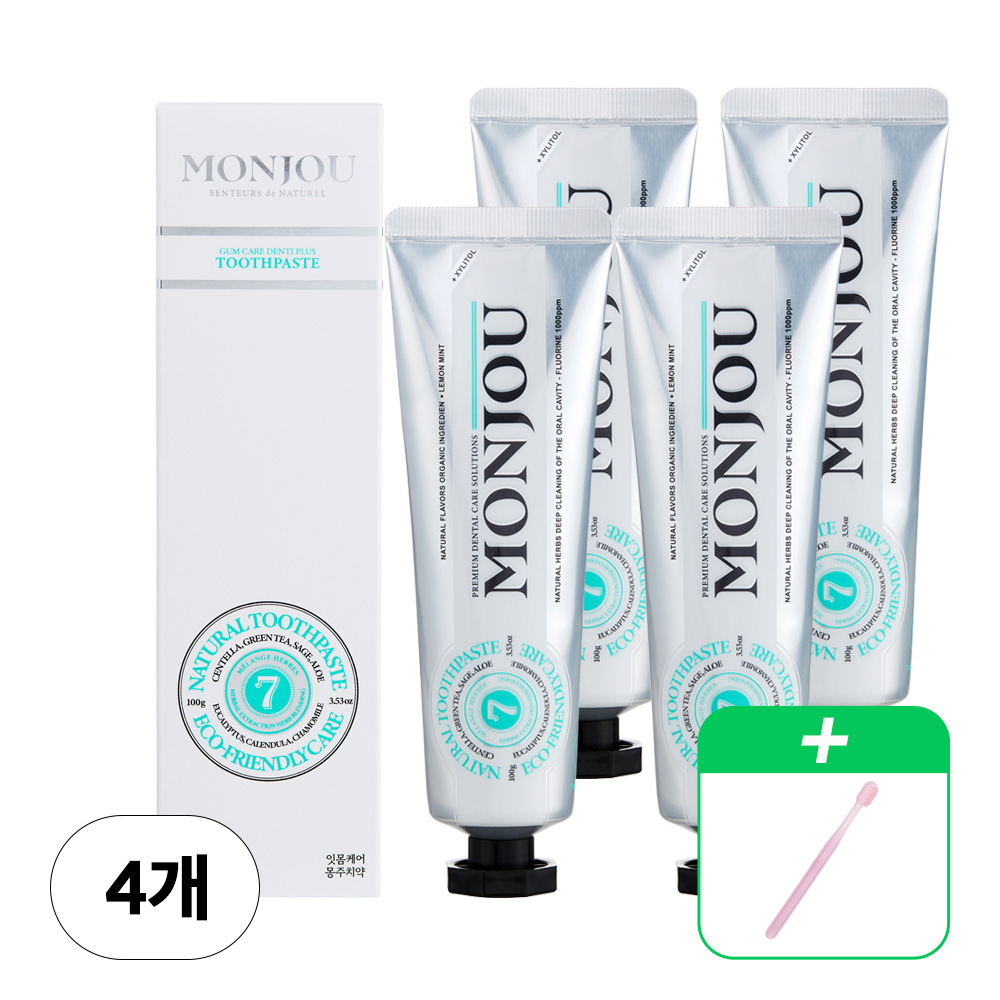 [몽주] 잇몸케어 덴티 플러스 치약 100g x 4개+부드러운 이중 미세모 칫솔 1개 (색상랜덤발송)