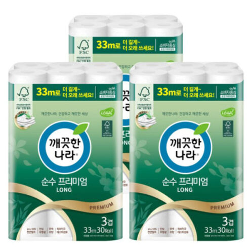 [깨끗한나라] 순수프리미엄 3겹 33m 30롤*3팩