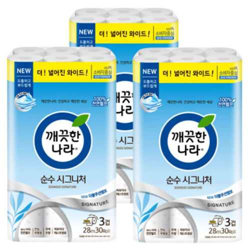 [깨끗한나라] 순수시그니처와이드 3겹 28m 30롤*3팩 [107mm 광폭]