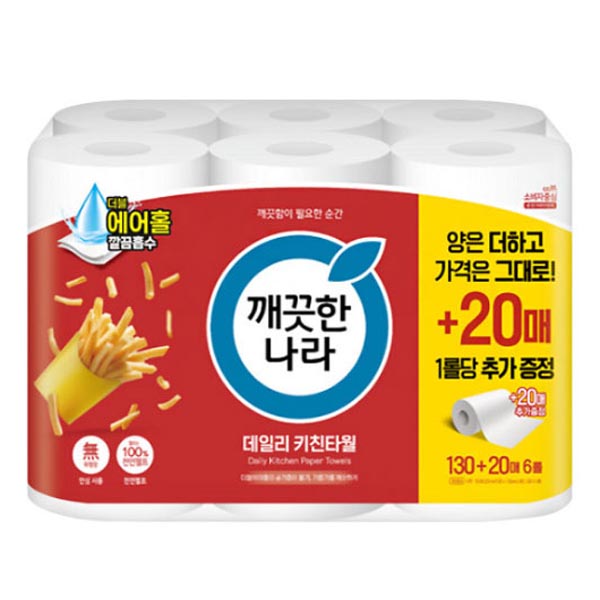 [깨끗한나라] 데일리키친타올 130+20매x6롤
