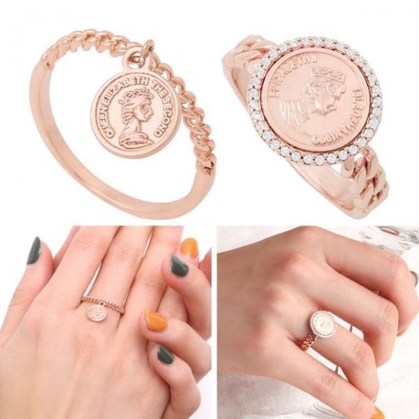 14Kgp 로즈골드 엘리자베스 코인 패션 반지 2종 택1