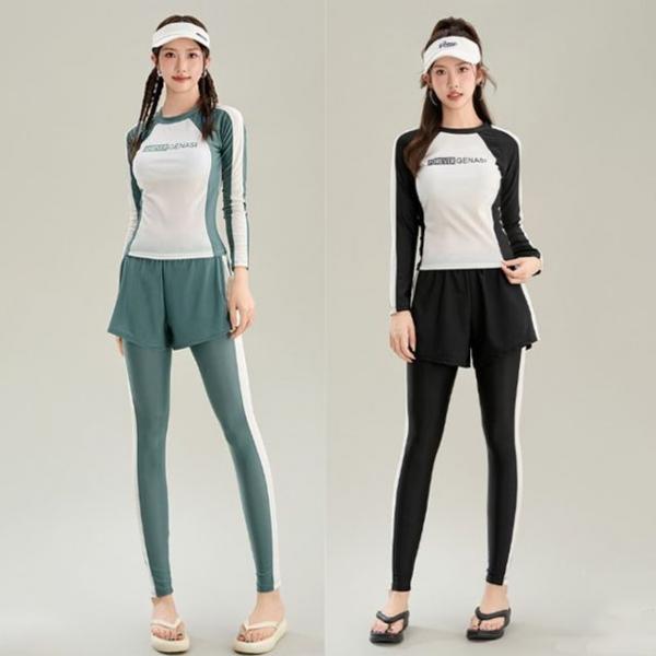 은창)롱 슬리브 팬츠 스포티 레터링 투피스 래쉬가드 수영복 비키니 모노키니 여름 휴가 비치 썸머