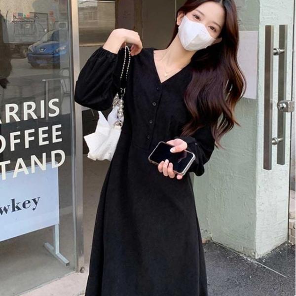 가을 기본 브이넥 코듀로이 검정 블랙 롱 긴팔 원피스