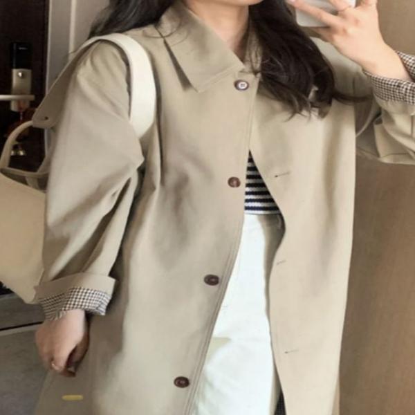 여자 2컬러 체크소매 포인트 클래식  트렌치코트