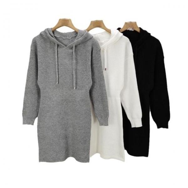 라인 골지 후드 니트 원피스 3color 1004575