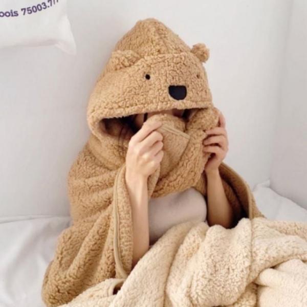 귀여운 곰돌이 후드 입는 집순이 무릎 담요 3color