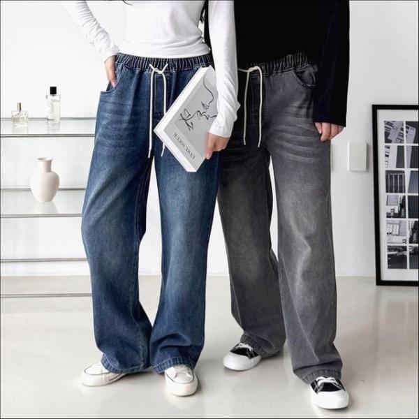 남녀공용 데님 스트레이트핏 일자 청바지 편한 밴딩 바지 3색