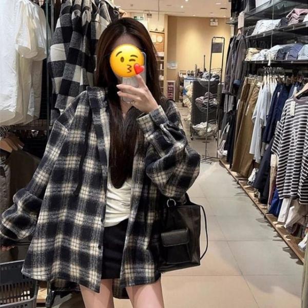 (편하게예쁜) 체크 루즈핏 톡톡한 후드남방 자켓