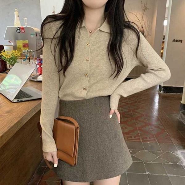 골지 버튼 카라 니트가디건 데일리 페미닌룩