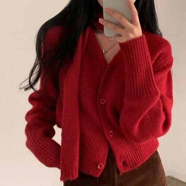포근레드 울니트가디건 머플러세트 데일리룩