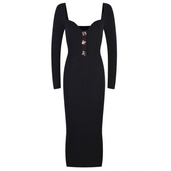 스퀘어넥 골드버튼 블랙 슬림바디콘 롱니트원피스