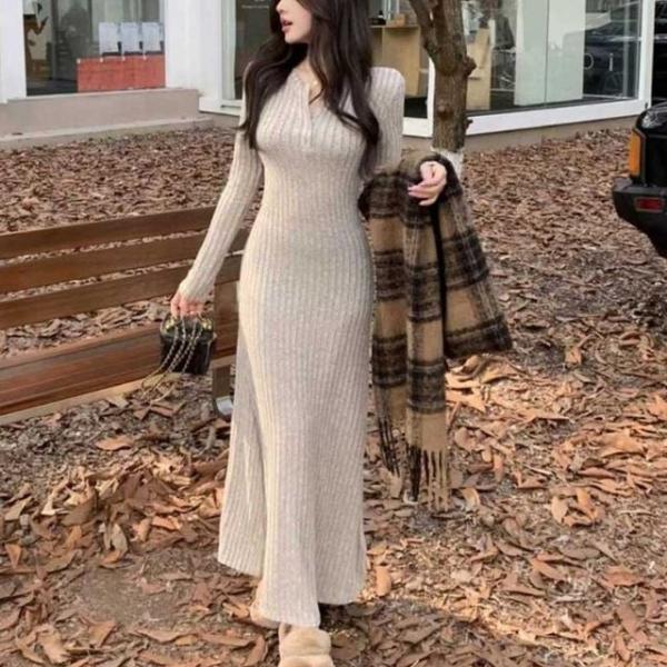 슬림핏 골지 롱원피스 사이드슬릿 바디라인 니트드레스