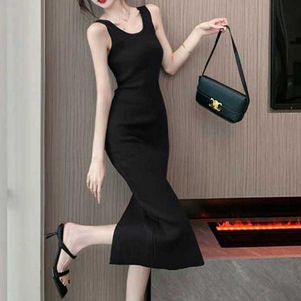 블랙 슬림니트 머메이드롱원피스 페미닌 데이트 파티룩