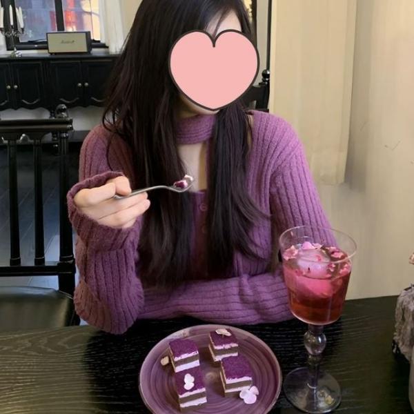 홀터레이어드 퍼플 골지 니트 가디건 머플러세트