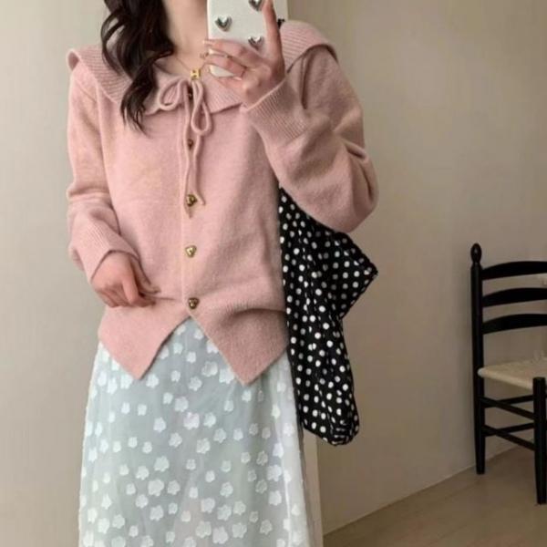 러블리 리본카라 핑크 가디건 데일리 하트버튼 니트