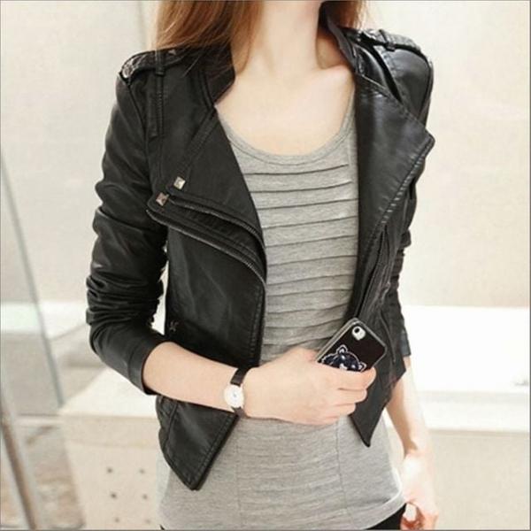 여자 슬림핏 라이더자켓 페이크 가죽 바이커 집업