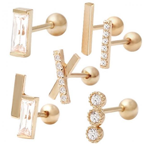 14K Gold 정품 큐빅 스틱 바 엑스 피어싱 택1