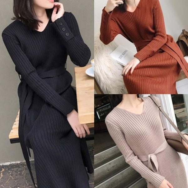 롱 원피스 허리끈 리본 드레스 슬림핏