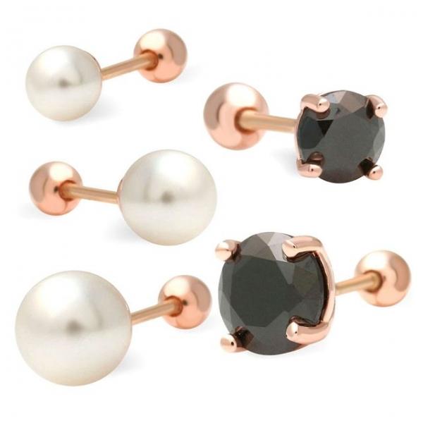 14K 금침 화이트 블랙 진주 큐빅 바 피어싱