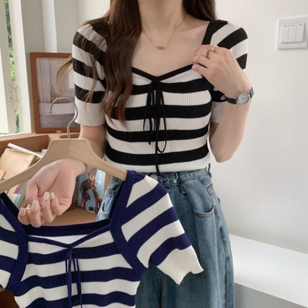 스트라이프 스퀘어넥 리본 여름 반팔니트 HH-E53