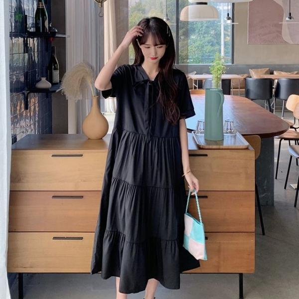 캉캉 리본 A라인 여름 루즈핏 블랙 캐주얼 롱 원피스