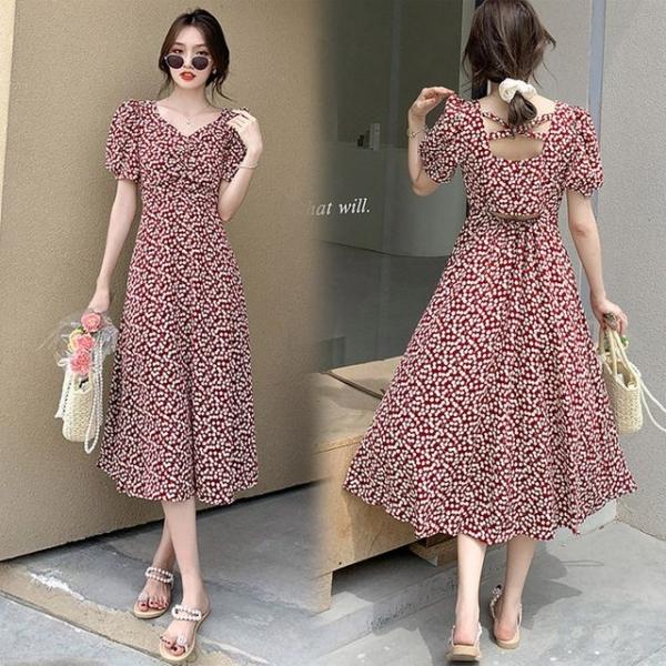 여름원피스 뒷트임 여리여리 앵두패턴 허리트임 A라인
