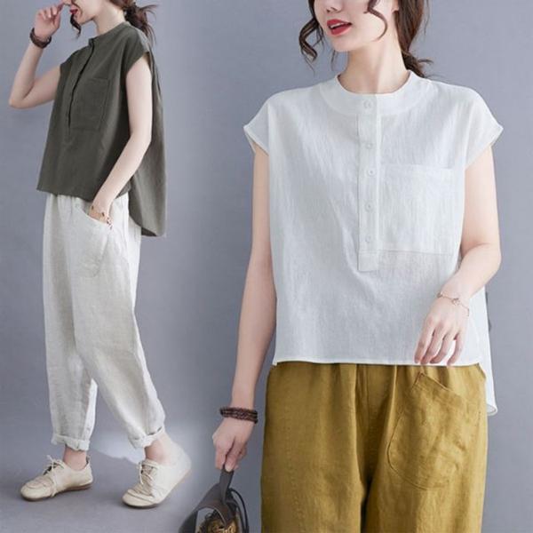 은창)린넨 프론트 포켓 헨리넥 티셔츠 여름 상의 셔츠