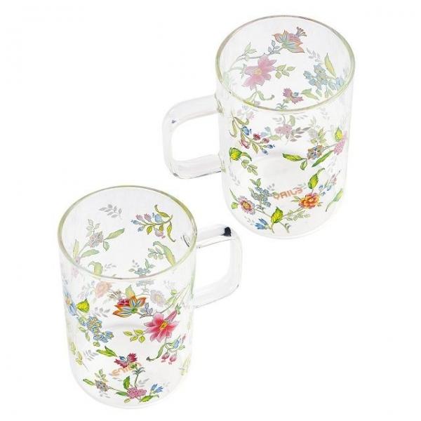 투명유리 꽃무니 손잡이 머그 2p 약7.8x12cm