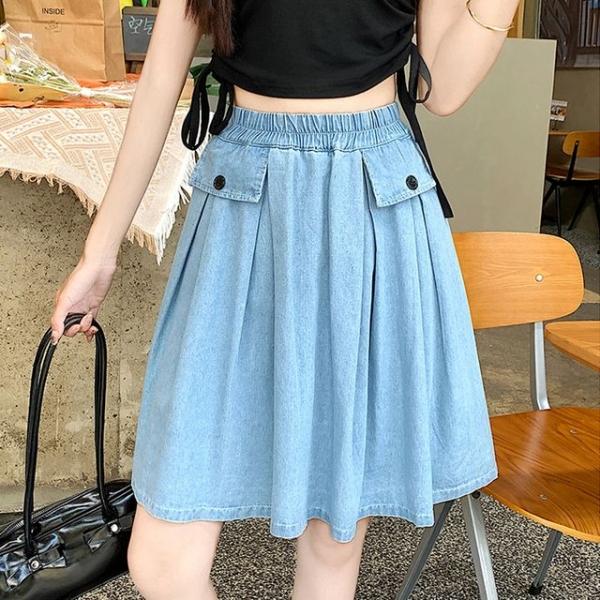 F007341_밴딩 핀턱 미디 데님스커트 플레어 청치마