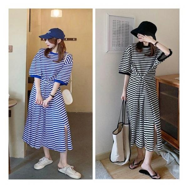 단가라 스트라이프 롱원피스 반팔 7부 여름원피스