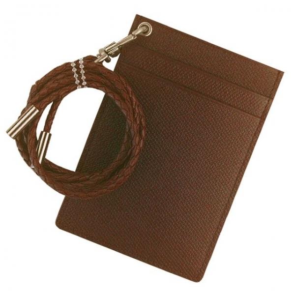 웍스 목걸이형 소가죽 슬림 카드지갑-브라운