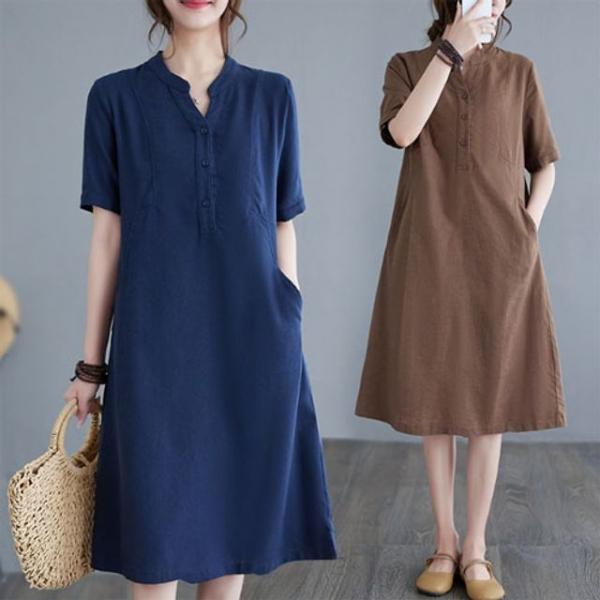 은창)V헨리넥 버튼 에이라인 면 원피스 여름 루즈핏