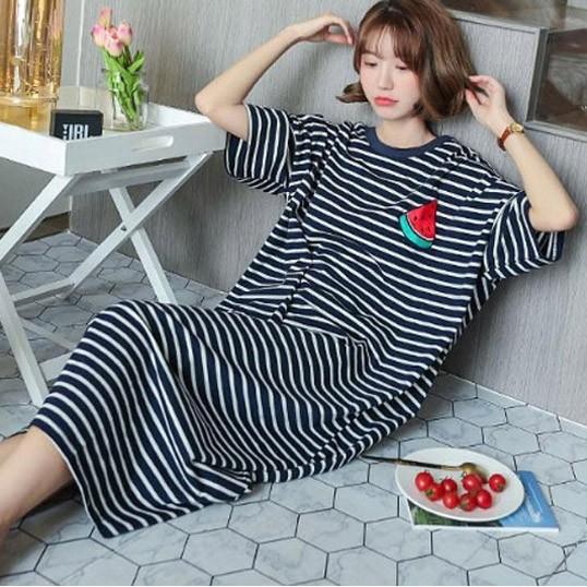 과일 체크 롱 반팔 원피스 잠옷 편한 박스핏 원피스