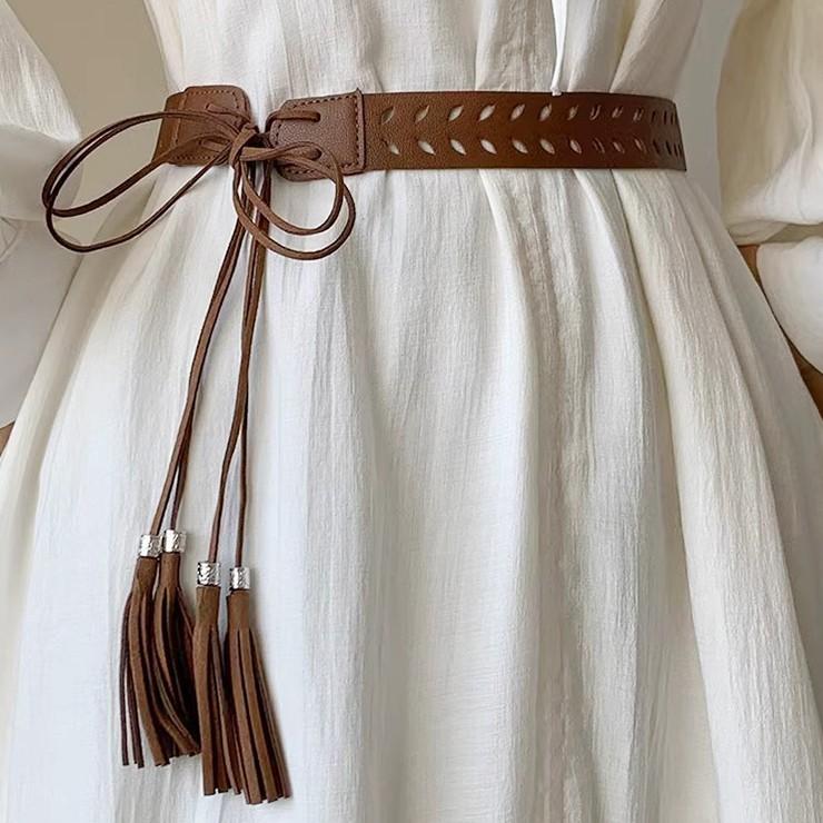 2769 보헤미안 테슬 벨트 프린지 태슬 레더 가죽 매듭 끈 빈티지 y2k 유니크 레이어드 펀칭 에스닉