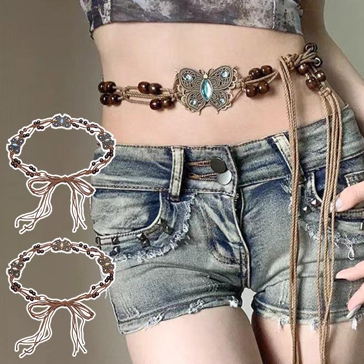 2770 에스닉 나비 벨트 구슬 빅 우드 끈 매듭 빈티지 y2k 유니크 레이어드 비즈 보헤미안