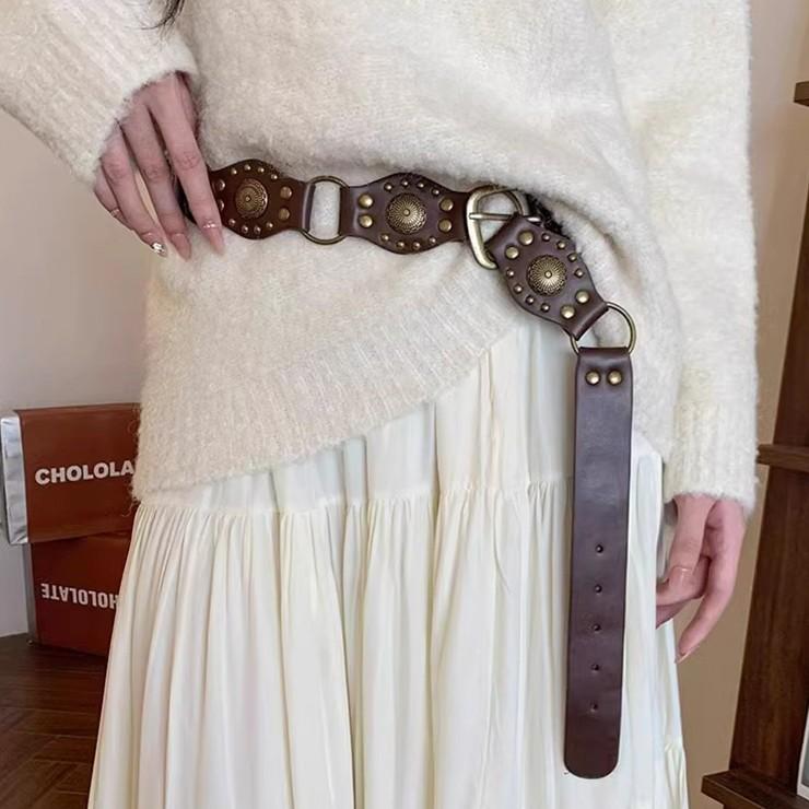 2773 히피 빈티지 레더 벨트 브라운 포인트 볼드 스트랩 가죽 레이어드 y2k 찡 웨스턴 보헤미안 펑