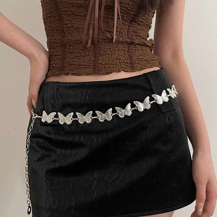 2766 나비 플라워 체인 벨트 메탈 에스닉 유니크 y2k 보헤미안 포인트 레이어드 악세사리 실버