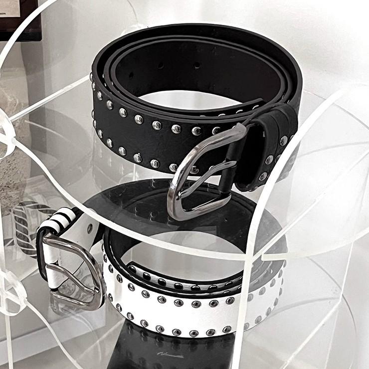 2767 볼드 스터드 레더 벨트 실버 라인 포인트 레이어드 가죽 y2k 찡 웨스턴 유니크 펑크 엔틱 스트