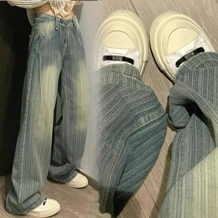 2846 디벨 스트라이프 워싱 데님 팬츠 하이웨스트 와이드 하체커버 빈티지 긴바지 청바지 간절기